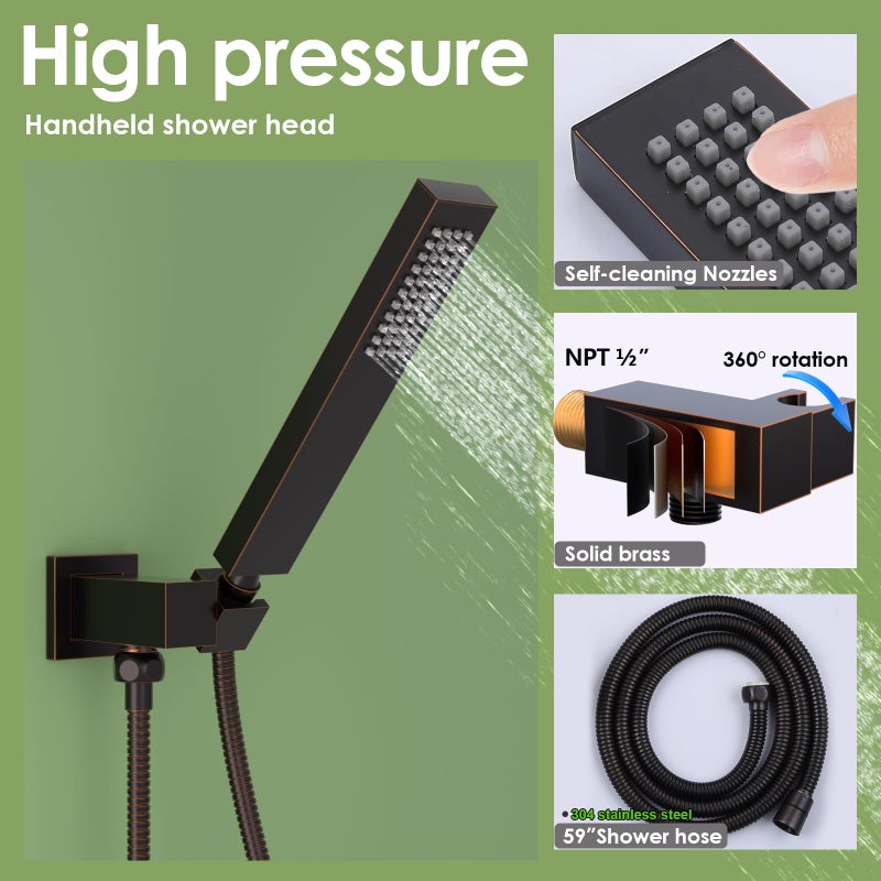 Enga Hand-held Shower Head Set - Oil Rubbed Bronze Brass Handheld Shower Wand with Wall Mount Adjustable Elbow Holder and 59inch Long Hose - Modern Rectangle Hand Shower High Pressure - Image 2